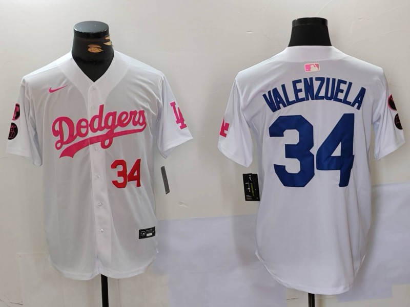 Men's Los Angeles Dodgers #34 Fernando Valenzuela White Pink Vin & Kobe Patch Stitched Baseball Jersey 3