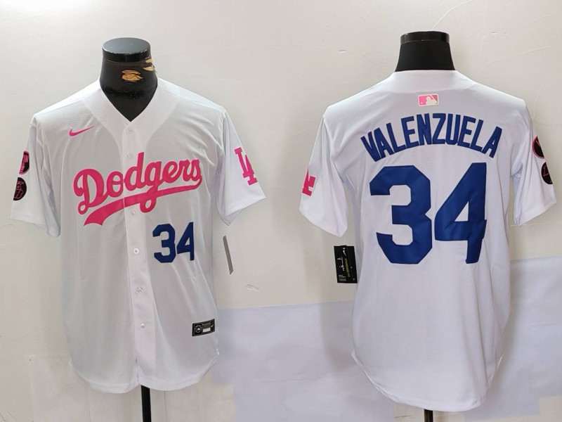 Men's Los Angeles Dodgers #34 Fernando Valenzuela White Pink Vin & Kobe Patch Stitched Baseball Jersey 1