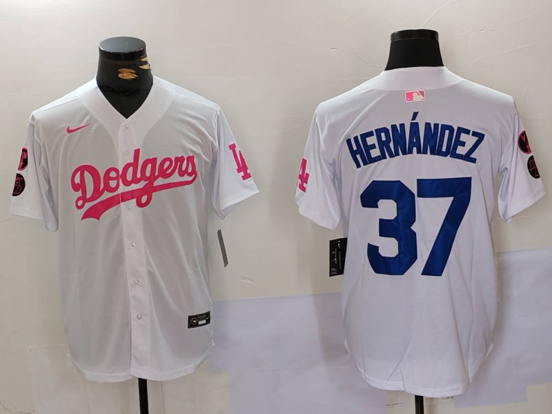 Men's Los Angeles Dodgers #37 Teoscar Hernández White Pink Vin & Kobe Patch Stitched Baseball Jersey 2