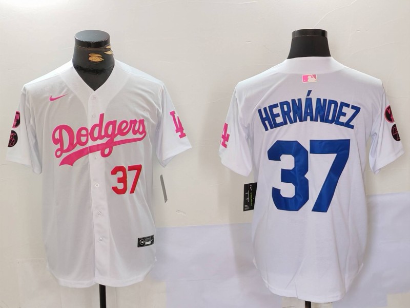 Men's Los Angeles Dodgers #37 Teoscar Hernández White Pink Vin & Kobe Patch Stitched Baseball Jersey 3