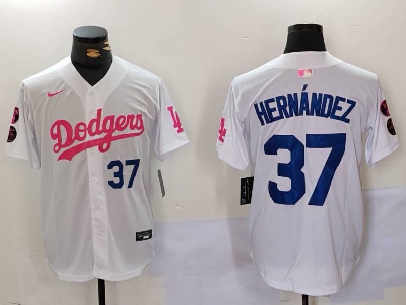 Men's Los Angeles Dodgers #37 Teoscar Hernández White Pink Vin & Kobe Patch Stitched Baseball Jersey 1