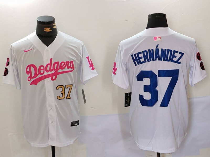 Men's Los Angeles Dodgers #37 Teoscar Hernández White Pink Vin & Kobe Patch Stitched Baseball Jersey