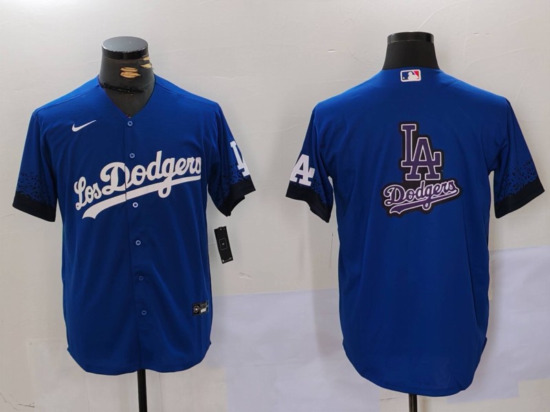 Men's Los Angeles Dodgers Blue Team Big Logo City Connect Cool Base Stitched Baseball Jersey 1