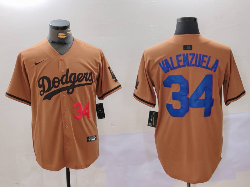 Men's Los Angeles Dodgers #34 Fernando Valenzuela Brown Cool Base Stitched Baseball Jersey 6