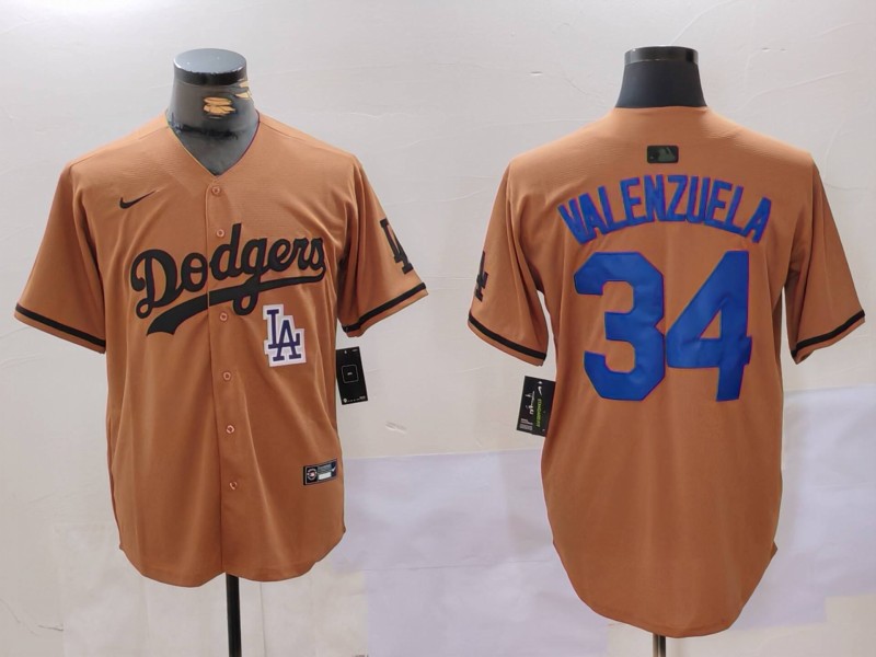Men's Los Angeles Dodgers #34 Fernando Valenzuela Brown Cool Base Stitched Baseball Jersey 3