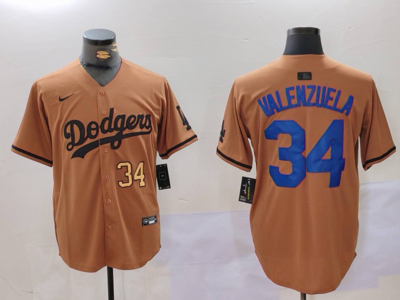 Men's Los Angeles Dodgers #34 Fernando Valenzuela Brown Cool Base Stitched Baseball Jersey 2