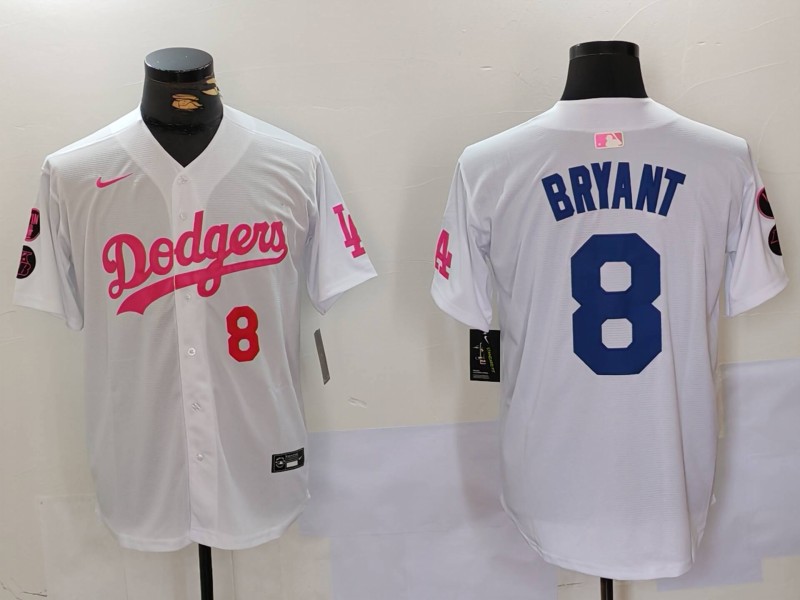 Men's Los Angeles Dodgers #8 Kobe Bryant White Pink Vin & Kobe Patch Stitched Baseball Jersey 6