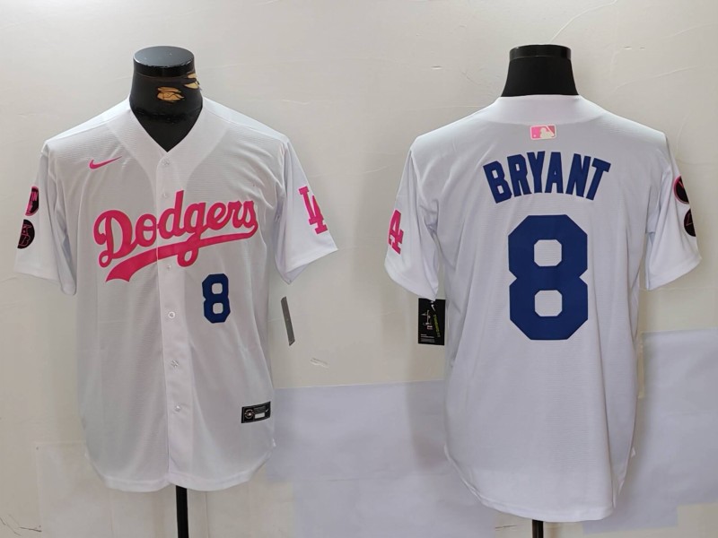 Men's Los Angeles Dodgers #8 Kobe Bryant White Pink Vin & Kobe Patch Stitched Baseball Jersey 5