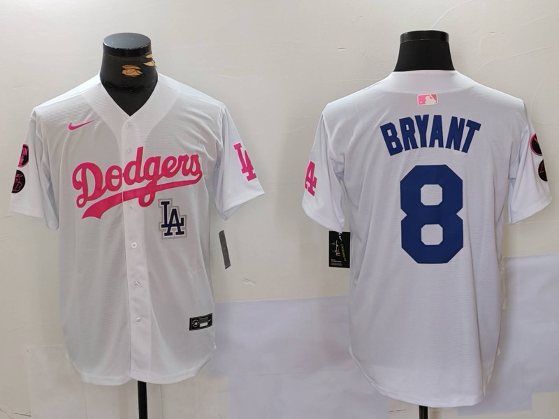 Men's Los Angeles Dodgers #8 Kobe Bryant White Pink Vin & Kobe Patch Stitched Baseball Jersey 3