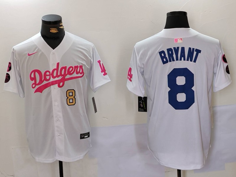 Men's Los Angeles Dodgers #8 Kobe Bryant White Pink Vin & Kobe Patch Stitched Baseball Jersey 2