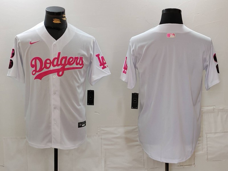 Men's Los Angeles Dodgers Team Big Logo White Pink Vin & Kobe Patch Stitched Baseball Jersey 3