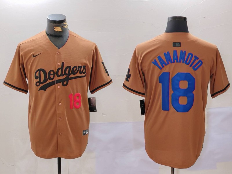 Men's Los Angeles Dodgers #18 Yoshinobu Yamamoto Brown Cool Base Stitched Baseball Jersey 6