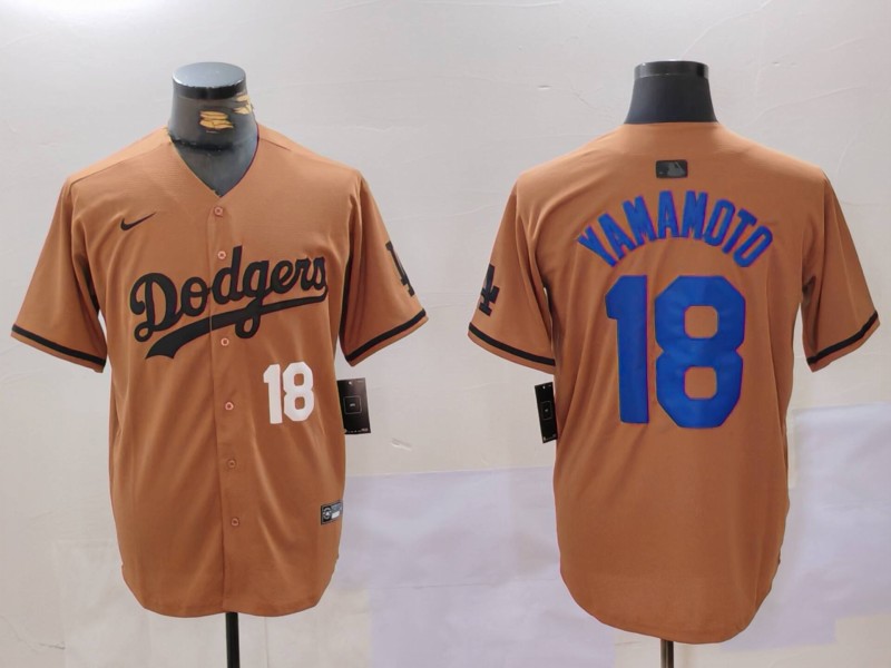 Men's Los Angeles Dodgers #18 Yoshinobu Yamamoto Brown Cool Base Stitched Baseball Jersey 5