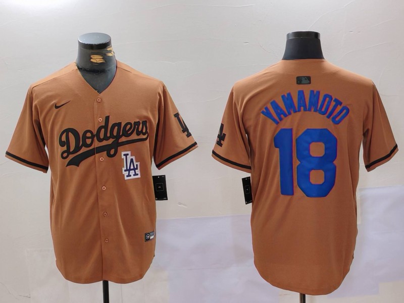 Men's Los Angeles Dodgers #18 Yoshinobu Yamamoto Brown Cool Base Stitched Baseball Jersey 3