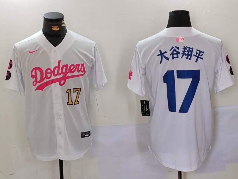 Men's Los Angeles Dodgers #17 太谷翔平 White Pink Vin & Kobe Patch Stitched Baseball Jersey 9