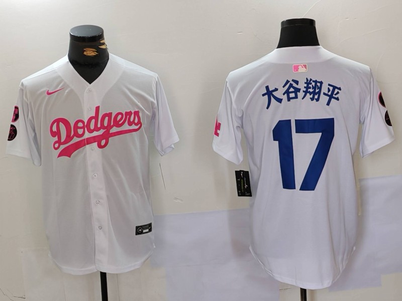 Men's Los Angeles Dodgers #17 太谷翔平 White Pink Vin & Kobe Patch Stitched Baseball Jersey 3