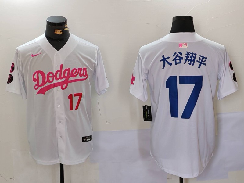 Men's Los Angeles Dodgers #17 太谷翔平 White Pink Vin & Kobe Patch Stitched Baseball Jersey 2