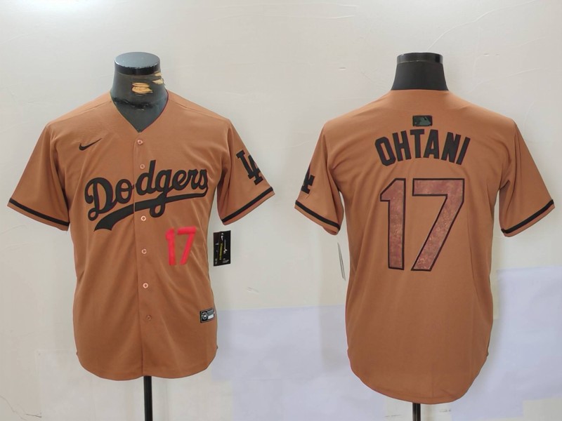 Men's Los Angeles Dodgers #17 Shohei Ohtani Brown Cool Base Stitched Baseball Jersey 002