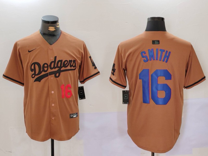 Men's Los Angeles Dodgers #16 Will Smith Brown Cool Base Stitched Baseball Jersey 5