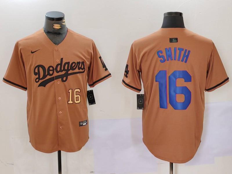 Men's Los Angeles Dodgers #16 Will Smith Brown Cool Base Stitched Baseball Jersey 2