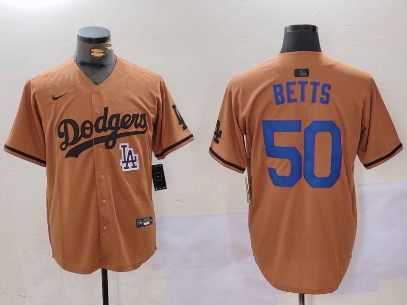 Men's Los Angeles Dodgers #50 Mookie Betts Brown Cool Base Stitched Baseball Jersey 9