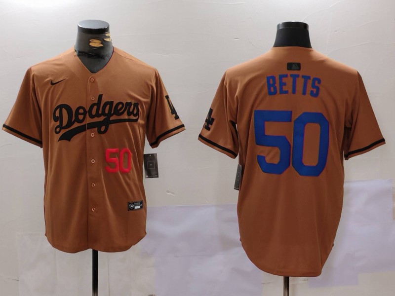Men's Los Angeles Dodgers #50 Mookie Betts Brown Cool Base Stitched Baseball Jersey 5