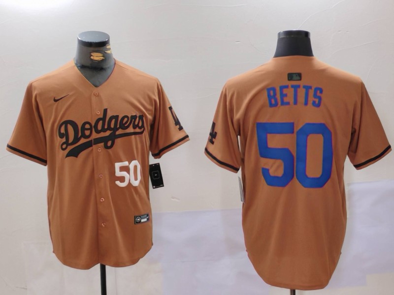 Men's Los Angeles Dodgers #50 Mookie Betts Brown Cool Base Stitched Baseball Jersey 3