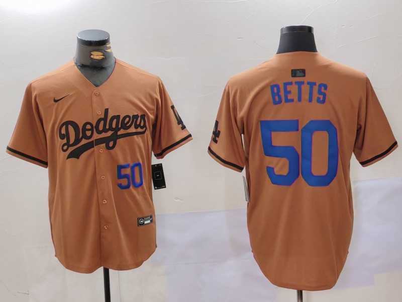 Men's Los Angeles Dodgers #50 Mookie Betts Brown Cool Base Stitched Baseball Jersey 2