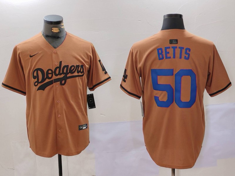 Men's Los Angeles Dodgers #50 Mookie Betts Brown Cool Base Stitched Baseball Jersey 1