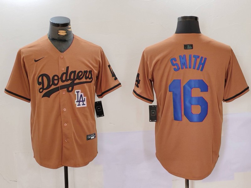Men's Los Angeles Dodgers #16 Will Smith Brown Cool Base Stitched Baseball Jersey 6