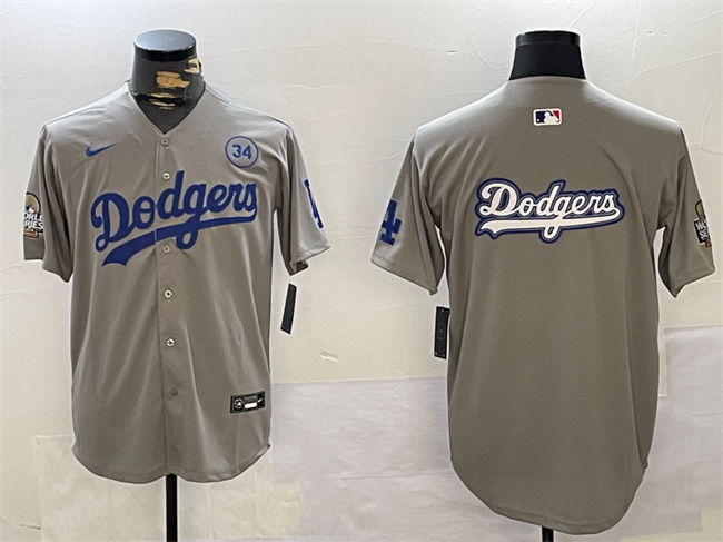 Men's Los Angeles Dodgers Team Big Logo Grey 2024 World Series With No. 34 Patch Limited Stitched Baseball Jersey 1