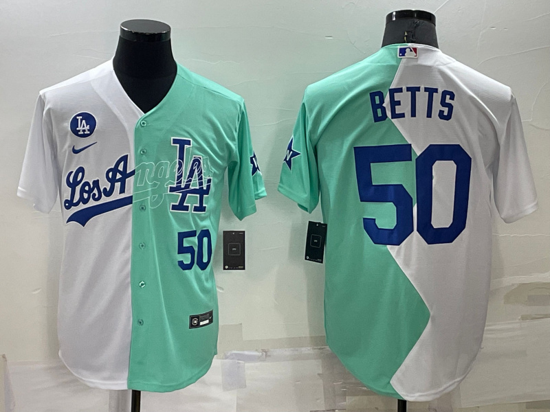 Men's Los Angeles Dodgers #50 Mookie Betts 2022 All-Star White Green Cool Base Stitched Baseball Jerseys