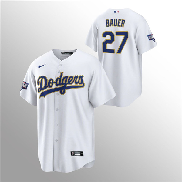 Men's Dodgers #27 Trevor Bauer White 2021 Gold Program Replica Jersey