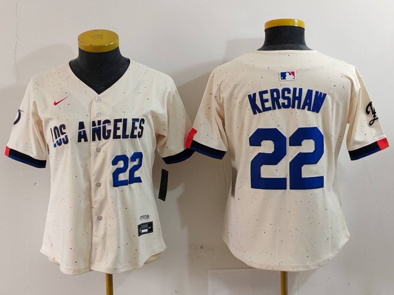Women's Los Angeles Dodgers #22 Clayton Kershaw Cream Stitched Jersey(Run Small) 1