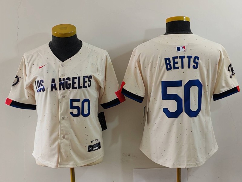 Women's Los Angeles Dodgers #50 Mookie Betts Cream Stitched Jersey(Run Small) 1