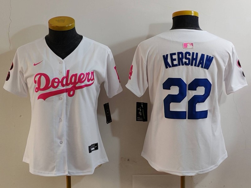 Women's Los Angeles Dodgers #22 Clayton Kershaw White Pink Vin & Kobe Patch Stitched Baseball Jersey(Run Small)
