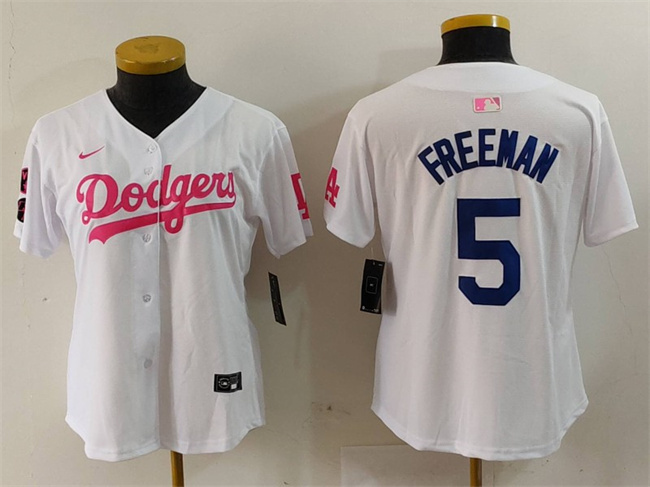 Women's Los Angeles Dodgers #5 Freddie Freeman White Pink Vin & Kobe Patch Stitched Baseball Jersey(Run Small)
