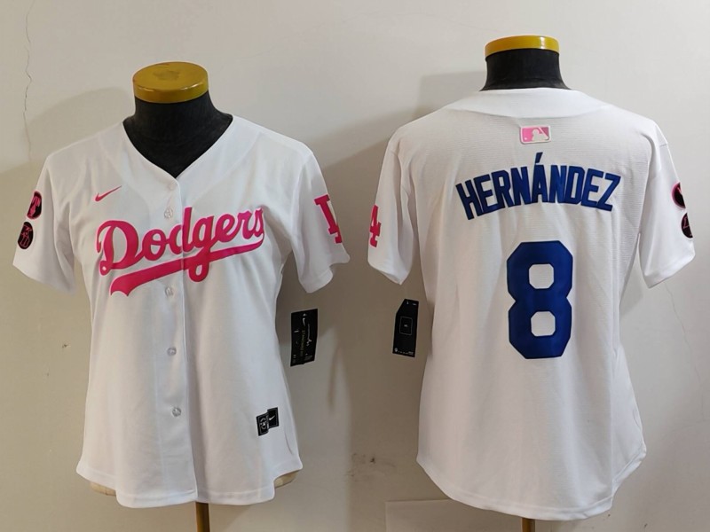 Women's Los Angeles Dodgers #8 Kiké Hernández White Pink Vin & Kobe Patch Stitched Baseball Jersey(Run Small)
