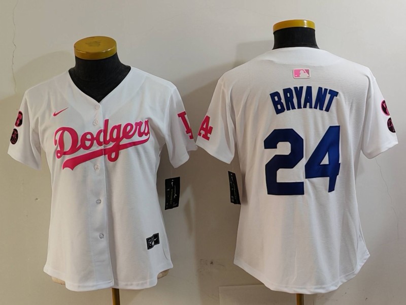 Women's Los Angeles Dodgers #24 Kobe Bryant White Pink Vin & Kobe Patch Stitched Baseball Jersey(Run Small)
