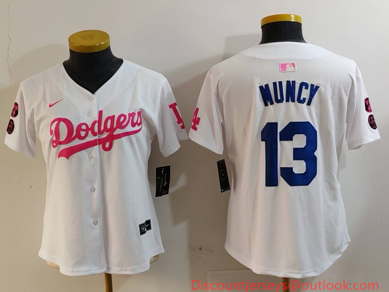 Women's Los Angeles Dodgers #13 Max Muncy White Pink Vin & Kobe Patch Stitched Baseball Jersey(Run Small)