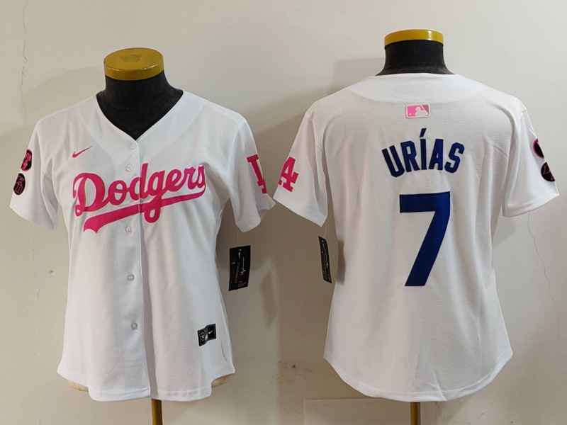 Women's Los Angeles Dodgers #7 White Pink Vin & Kobe Patch Stitched Baseball Jersey(Run Small)