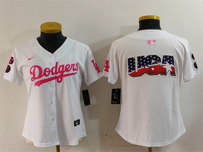 Women's Los Angeles Dodgers Team Big Logo White Pink Vin & Kobe Patch Stitched Baseball Jersey(Run Small) 6