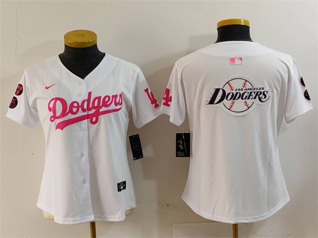 Women's Los Angeles Dodgers Team Big Logo White Pink Vin & Kobe Patch Stitched Baseball Jersey(Run Small) 5