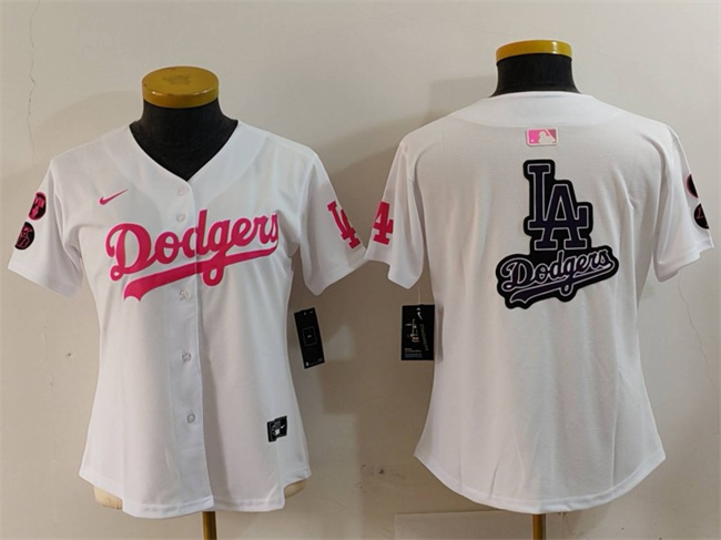 Women's Los Angeles Dodgers Team Big Logo White Pink Vin & Kobe Patch Stitched Baseball Jersey(Run Small) 2