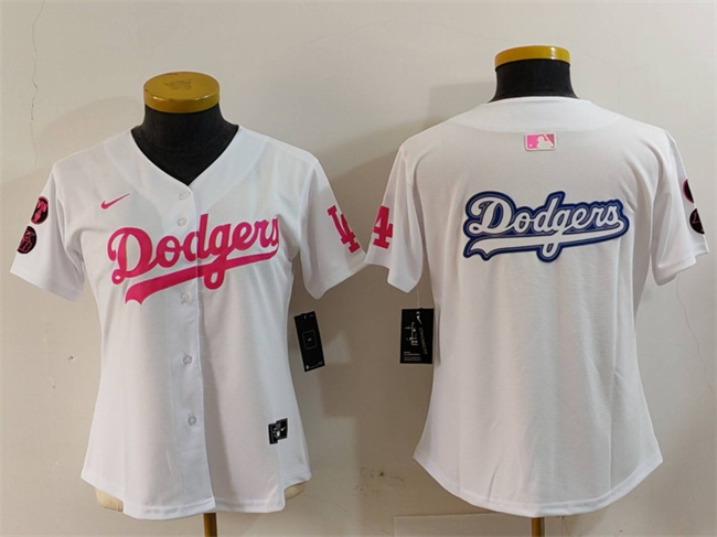Women's Los Angeles Dodgers Team Big Logo White Pink Vin & Kobe Patch Stitched Baseball Jersey(Run Small) 1