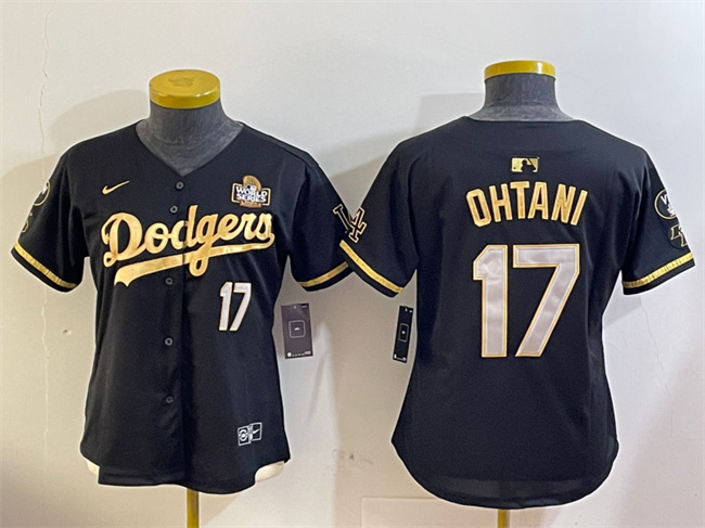 Women's Los Angeles Dodgers #17 Shohei Ohtani Black Gold 2024 World Series Vin & Kobe Patch Limited Stitched Baseball Jersey(Run Small)