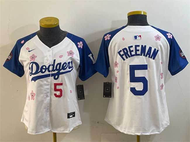 Women's Los Angeles Dodgers #5 Freddie Freeman White Royal 2025 Tokyo Series Limited Stitched Baseball Jersey(Run Small)