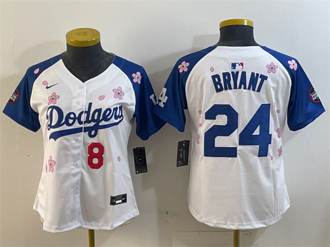 Youth Los Angeles Dodgers Front #8 Back #24 Kobe Bryant White Royal 2025 Tokyo Series Limited Stitched Baseball Jersey