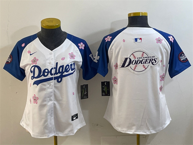 Youth Los Angeles Dodgers Team Big Logo White Royal 2025 Tokyo Series Limited Stitched Baseball Jersey 002