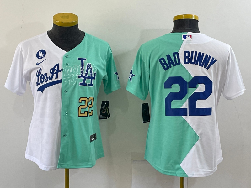 Women's Los Angeles Dodgers #22 Bad Bunny 2022 All-Star White Green Split Stitched Baseball Jersey(Run Small)1